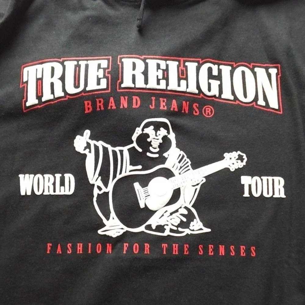 True Religion Hoodie Mens Large Black Sleeveless World Tour Graphic Pullover Top
